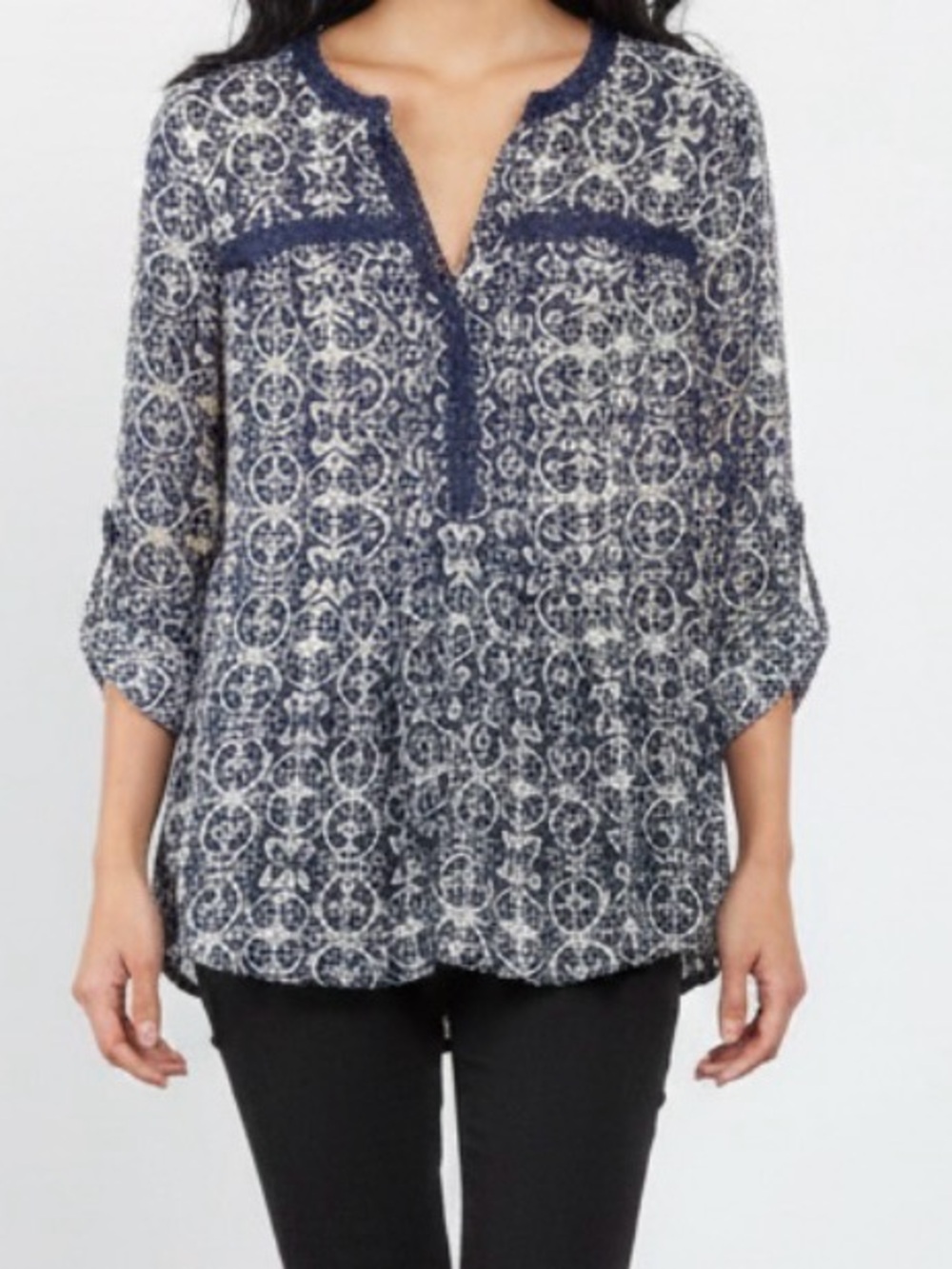 Maeve Navy and White Printed Peasant Blouse size medium